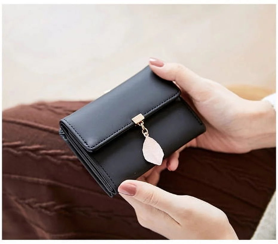 Small Wallet for Women PU Leather RFID Blocking Coin Purse Card Holder Trifold Ladies Purse Leaf Pendant(Black)