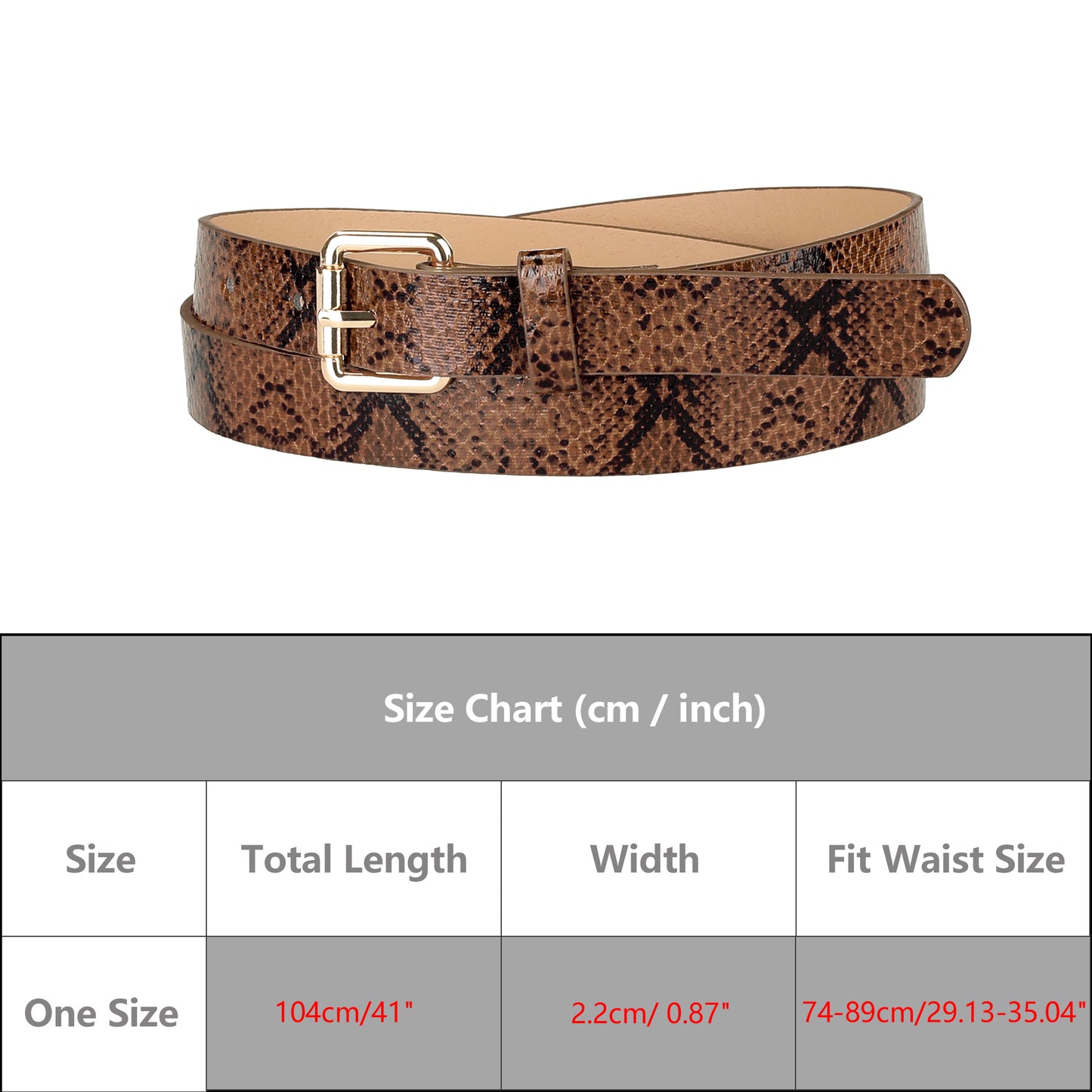 Women Slim Thin Waist Belt, Snakeskin Embossed Faux Leather Skinny Belts Waistband for Jeans Pants Camel 74-89Cm/29.13-35.04"