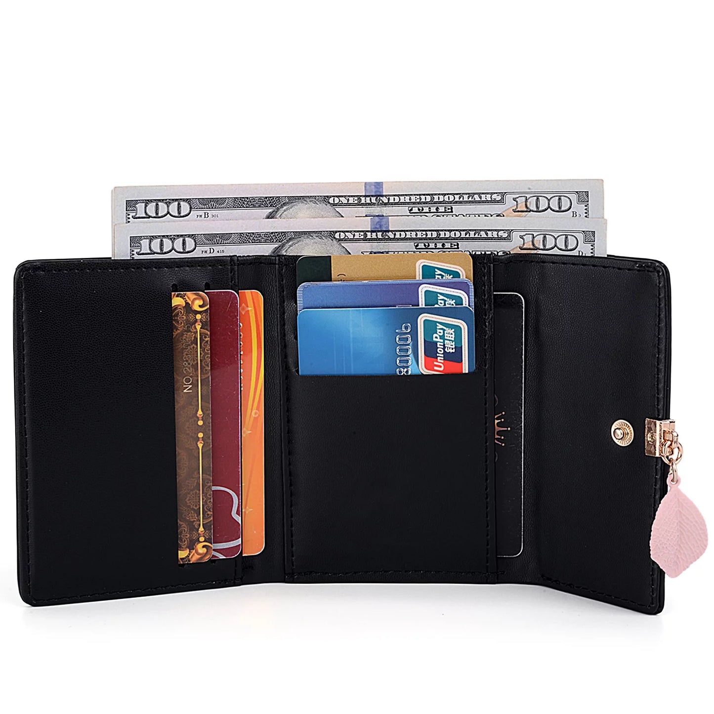 Small Wallet for Women PU Leather RFID Blocking Coin Purse Card Holder Trifold Ladies Purse Leaf Pendant(Black)