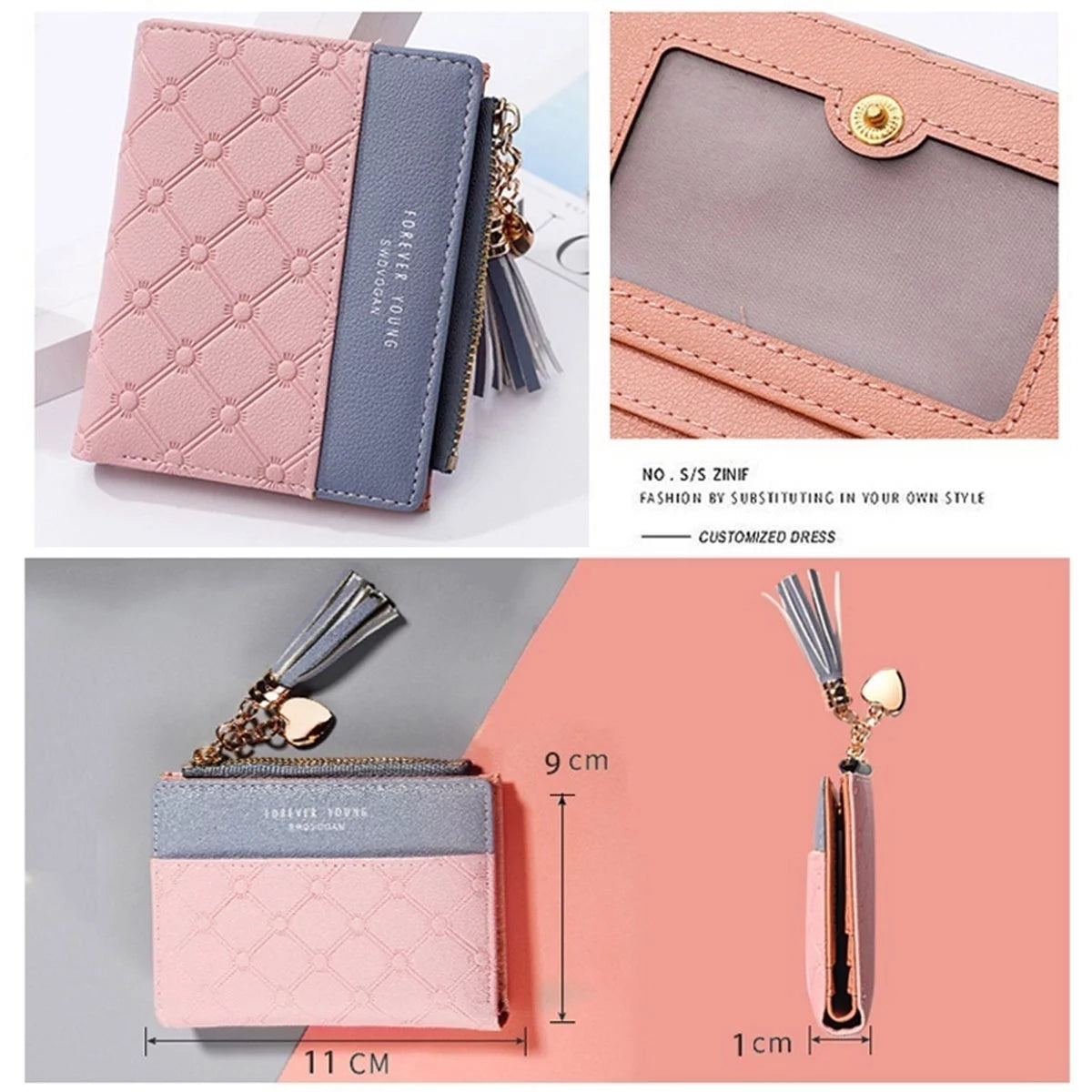 Styleelin Women Short Cute 3 Colors Splice Simple Short Wallet Coin Zipper Short Purse