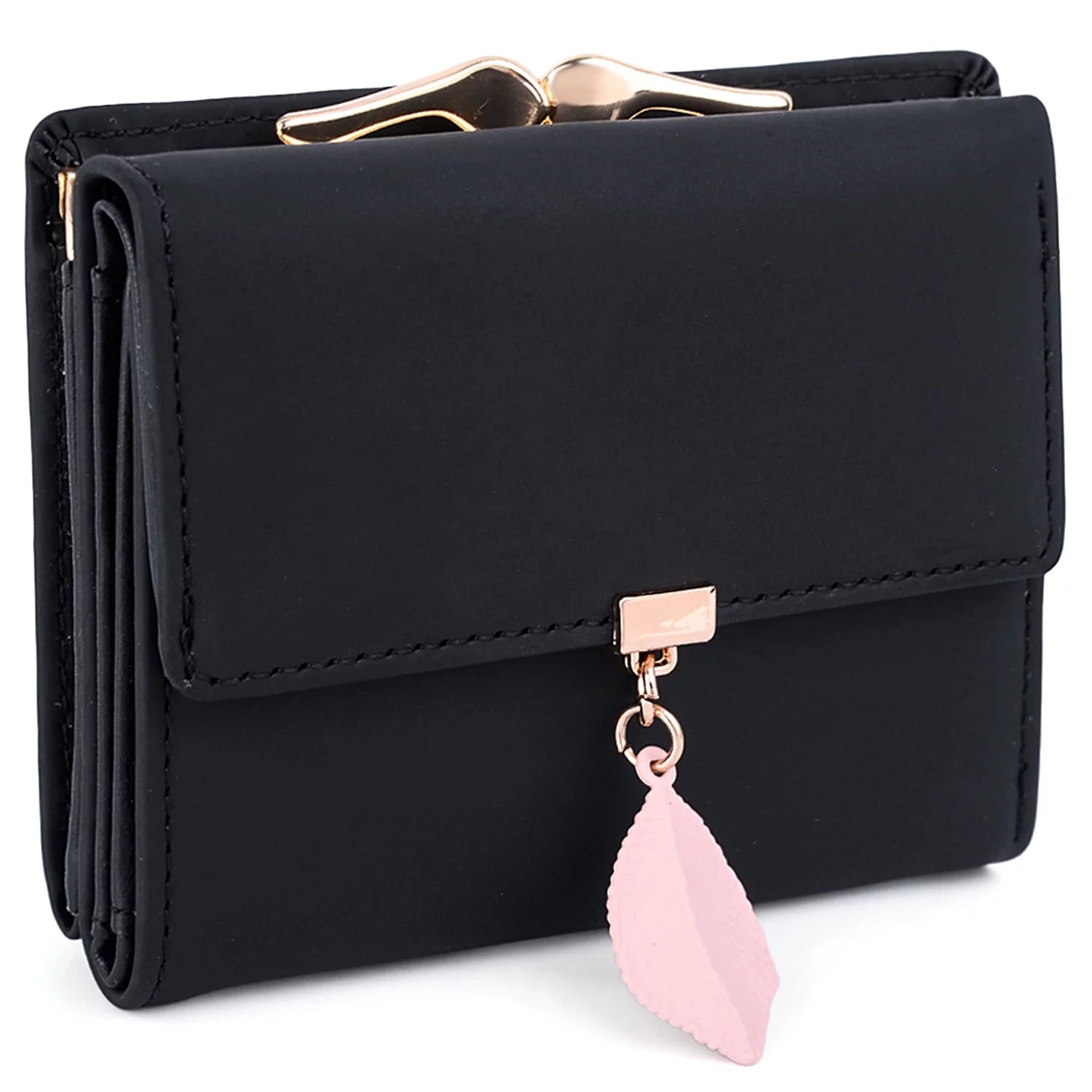 Small Wallet for Women PU Leather RFID Blocking Coin Purse Card Holder Trifold Ladies Purse Leaf Pendant(Black)