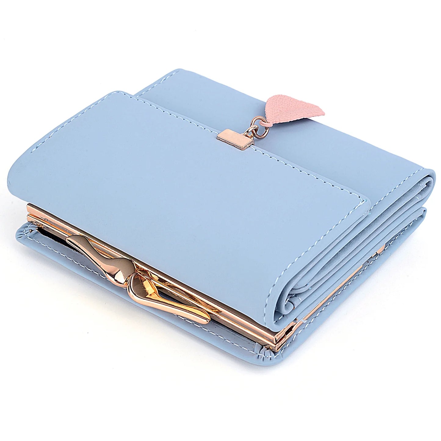 Small Wallet for Women PU Leather RFID Blocking Coin Purse Card Holder Trifold Ladies Purse Leaf Pendant(Light Blue)