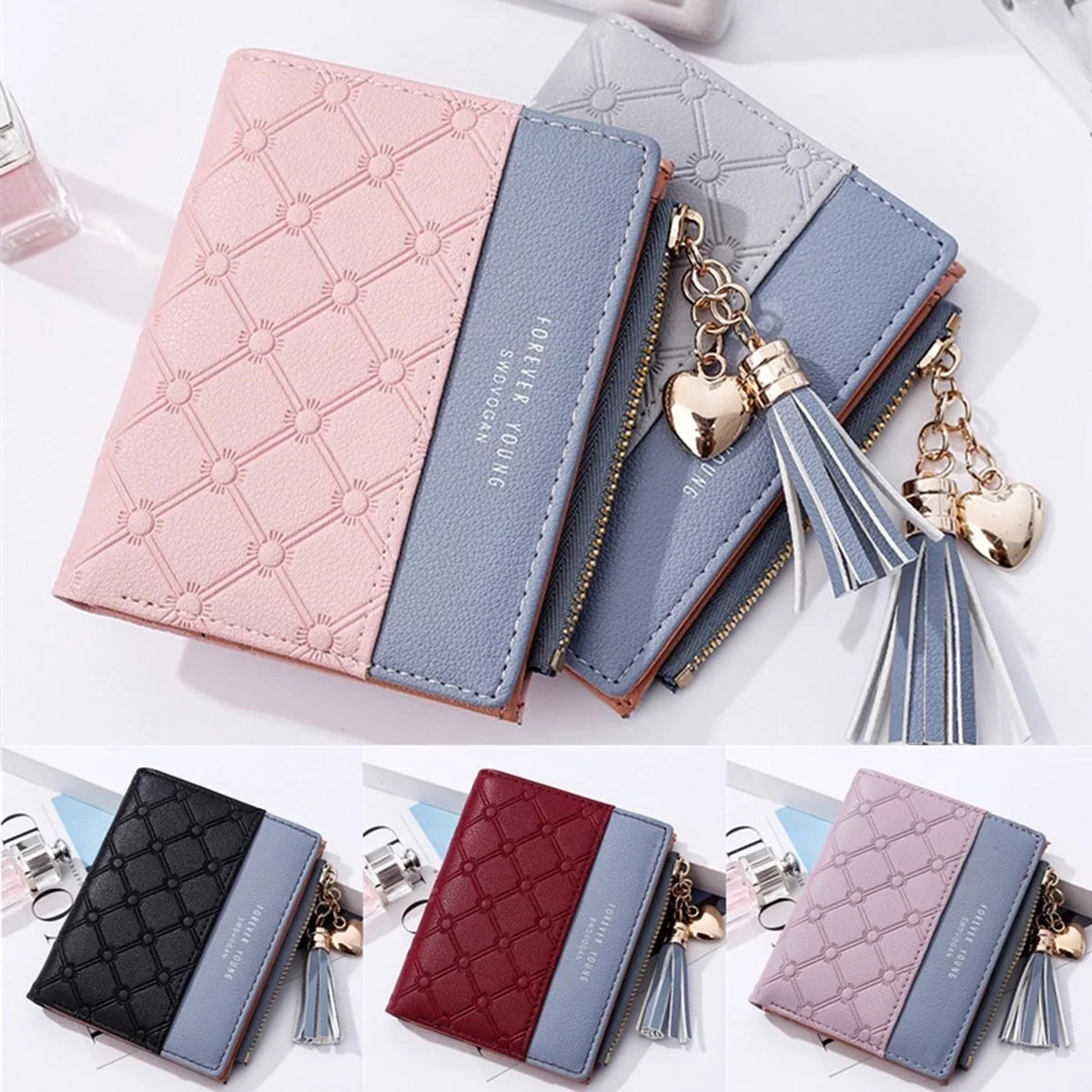 Styleelin Women Short Cute 3 Colors Splice Simple Short Wallet Coin Zipper Short Purse