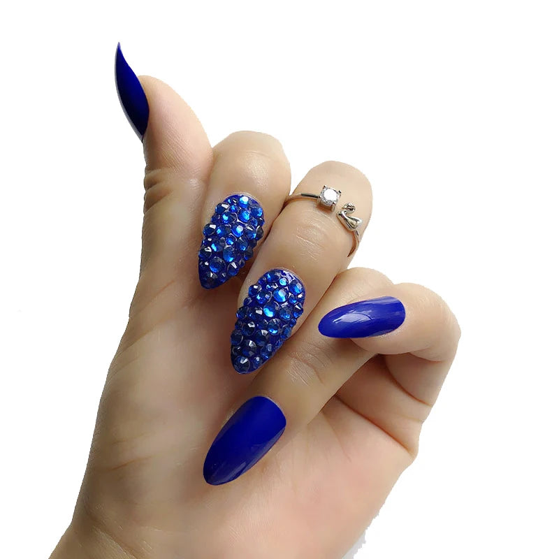 Wholesale 14Colors Custom Fake Nails Full Rhinestones Sequins Stiletto Press on False Nails Artificial Nails Art 24Pcs Tips